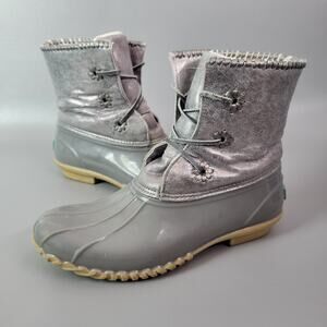 Jack Rogers Womens Hayley Duck Boot Size 9M Gray Silver Lace-Up Rubber Leather